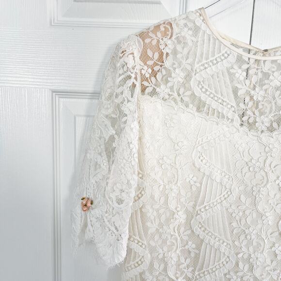 Carol Peretz I. Magnin Vintage Ivory Midi Length Lace Dress Ruffled Satin Hem - Picture 2 of 11